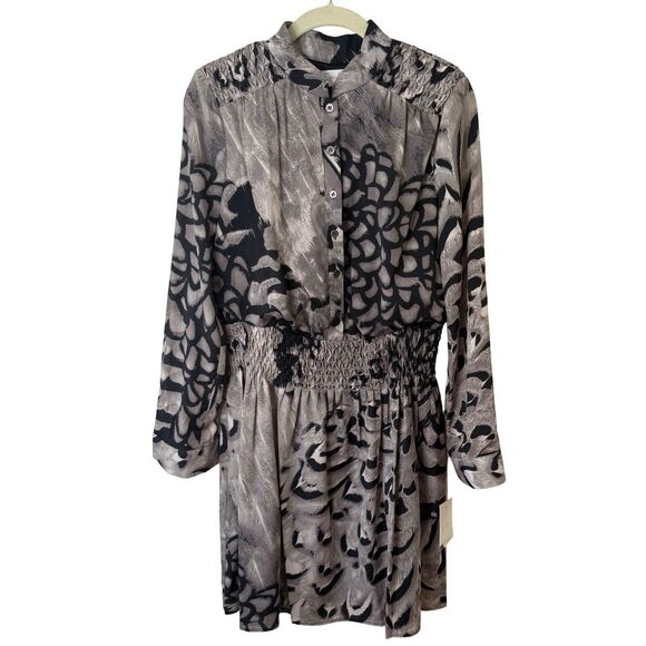 Jessica Simpson Dress Sz 10 Gray Black Animal Print Long Sleeve Smoked Waist NWT - Picture 1 of 13